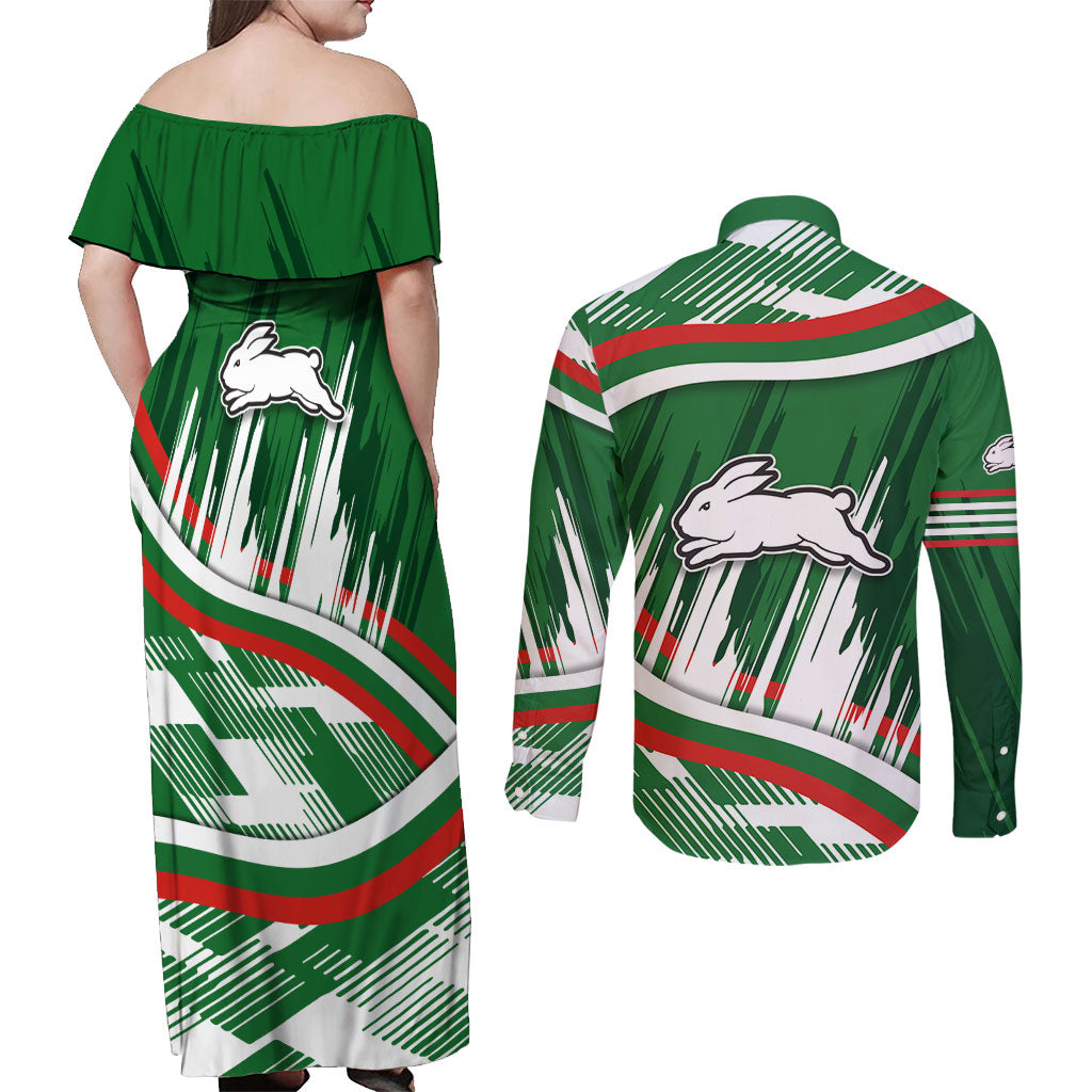 Rabbitohs Rugby Mascot Couples Matching Off Shoulder Maxi Dress and Long Sleeve Button Shirt Fierce Athlete Graphic in Sports Style