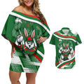 Rabbitohs Rugby Mascot Couples Matching Off Shoulder Short Dress and Hawaiian Shirt Fierce Athlete Graphic in Sports Style