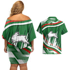 Rabbitohs Rugby Mascot Couples Matching Off Shoulder Short Dress and Hawaiian Shirt Fierce Athlete Graphic in Sports Style