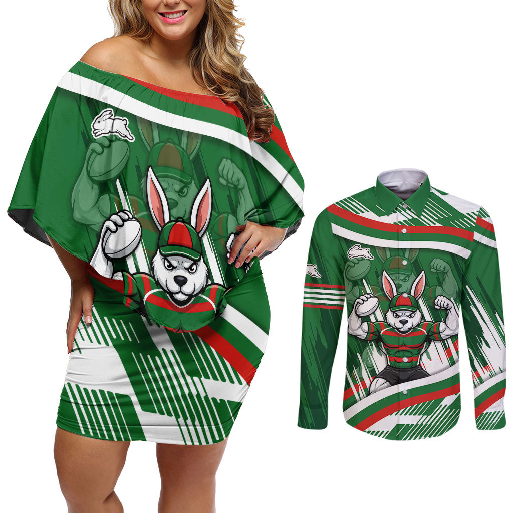 Rabbitohs Rugby Mascot Couples Matching Off Shoulder Short Dress and Long Sleeve Button Shirt Fierce Athlete Graphic in Sports Style