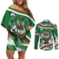 Rabbitohs Rugby Mascot Couples Matching Off Shoulder Short Dress and Long Sleeve Button Shirt Fierce Athlete Graphic in Sports Style