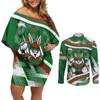 Rabbitohs Rugby Mascot Couples Matching Off Shoulder Short Dress and Long Sleeve Button Shirt Fierce Athlete Graphic in Sports Style