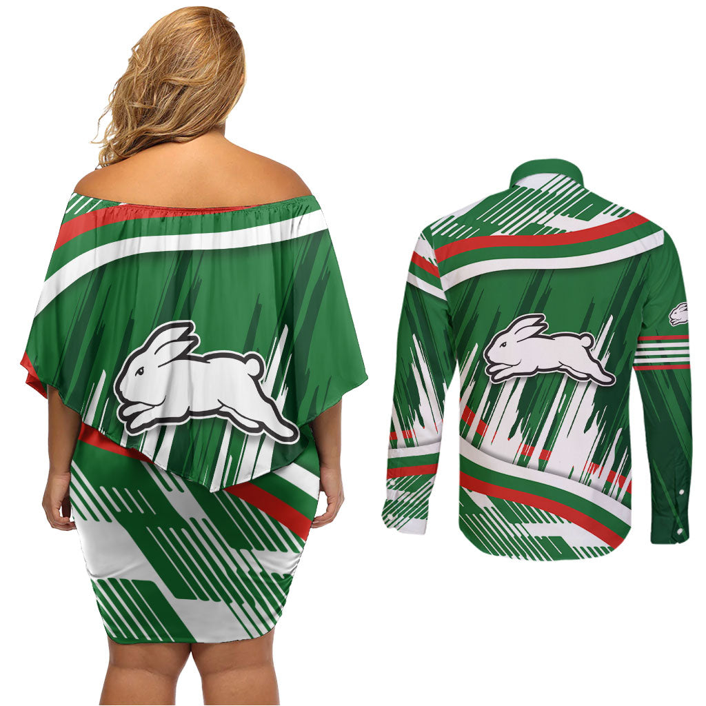 Rabbitohs Rugby Mascot Couples Matching Off Shoulder Short Dress and Long Sleeve Button Shirt Fierce Athlete Graphic in Sports Style