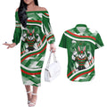 Rabbitohs Rugby Mascot Couples Matching Off The Shoulder Long Sleeve Dress and Hawaiian Shirt Fierce Athlete Graphic in Sports Style