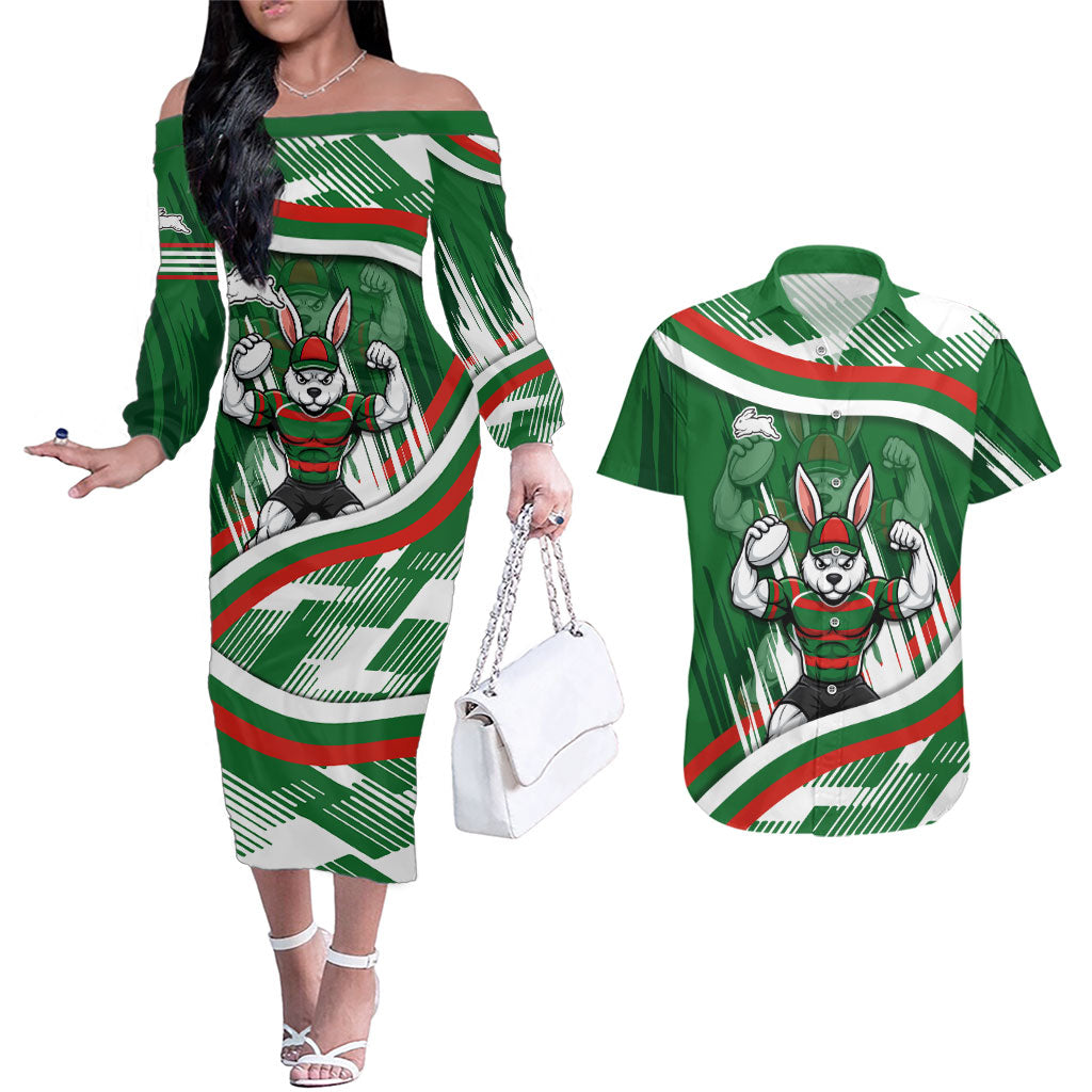 Rabbitohs Rugby Mascot Couples Matching Off The Shoulder Long Sleeve Dress and Hawaiian Shirt Fierce Athlete Graphic in Sports Style