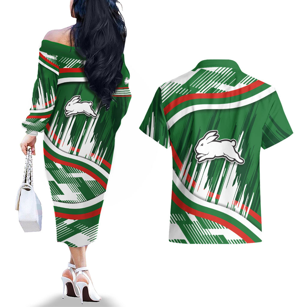 Rabbitohs Rugby Mascot Couples Matching Off The Shoulder Long Sleeve Dress and Hawaiian Shirt Fierce Athlete Graphic in Sports Style