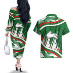 Rabbitohs Rugby Mascot Couples Matching Off The Shoulder Long Sleeve Dress and Hawaiian Shirt Fierce Athlete Graphic in Sports Style