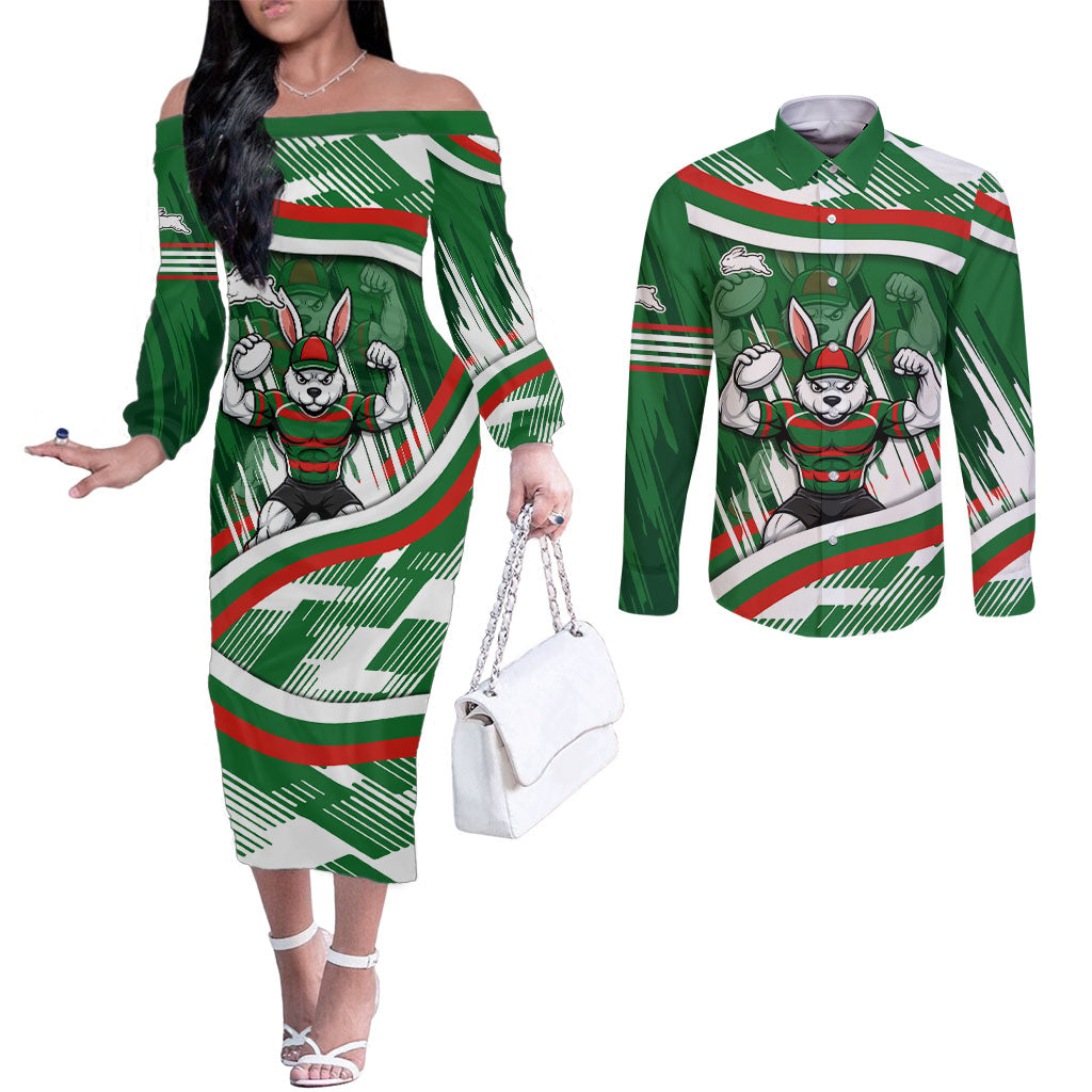 Rabbitohs Rugby Mascot Couples Matching Off The Shoulder Long Sleeve Dress and Long Sleeve Button Shirt Fierce Athlete Graphic in Sports Style