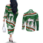 Rabbitohs Rugby Mascot Couples Matching Off The Shoulder Long Sleeve Dress and Long Sleeve Button Shirt Fierce Athlete Graphic in Sports Style