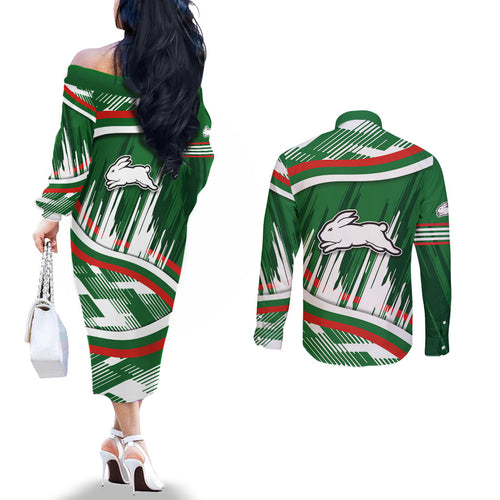 Rabbitohs Rugby Mascot Couples Matching Off The Shoulder Long Sleeve Dress and Long Sleeve Button Shirt Fierce Athlete Graphic in Sports Style