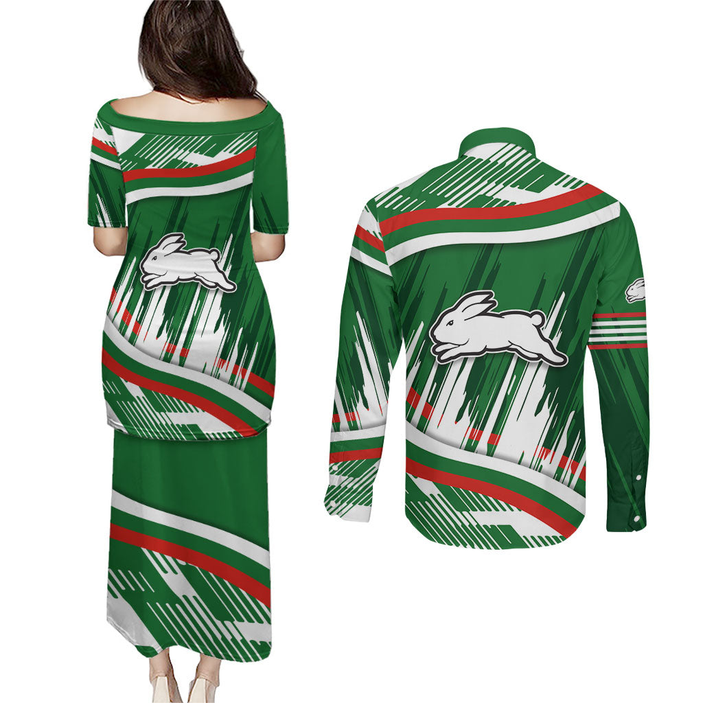 Rabbitohs Rugby Mascot Couples Matching Puletasi and Long Sleeve Button Shirt Fierce Athlete Graphic in Sports Style