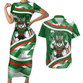 Rabbitohs Rugby Mascot Couples Matching Short Sleeve Bodycon Dress and Hawaiian Shirt Fierce Athlete Graphic in Sports Style