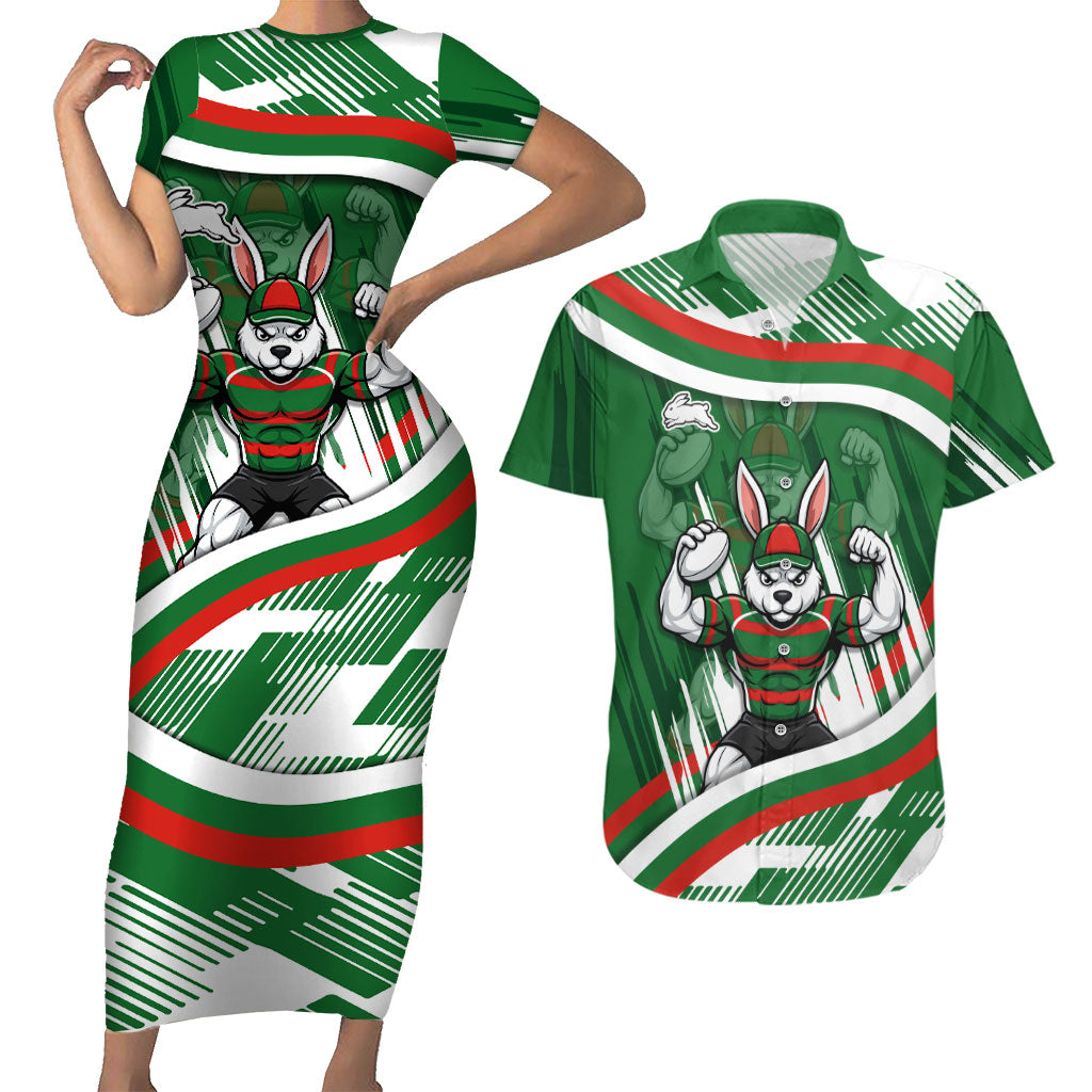 Rabbitohs Rugby Mascot Couples Matching Short Sleeve Bodycon Dress and Hawaiian Shirt Fierce Athlete Graphic in Sports Style