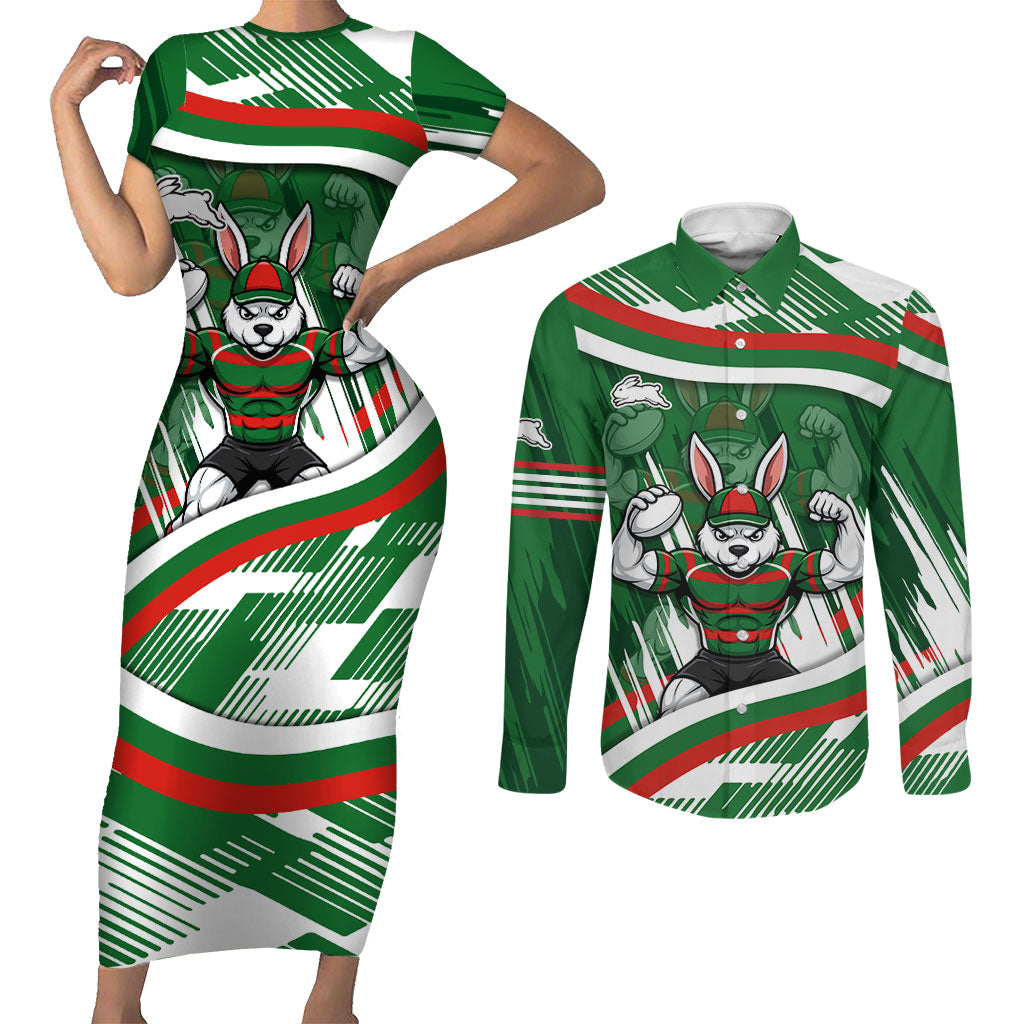 Rabbitohs Rugby Mascot Couples Matching Short Sleeve Bodycon Dress and Long Sleeve Button Shirt Fierce Athlete Graphic in Sports Style