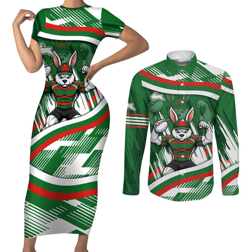 Rabbitohs Rugby Mascot Couples Matching Short Sleeve Bodycon Dress and Long Sleeve Button Shirt Fierce Athlete Graphic in Sports Style