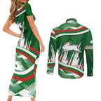 Rabbitohs Rugby Mascot Couples Matching Short Sleeve Bodycon Dress and Long Sleeve Button Shirt Fierce Athlete Graphic in Sports Style