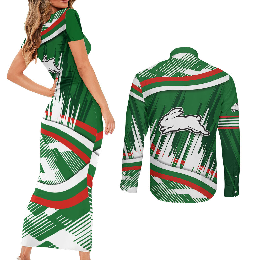 Rabbitohs Rugby Mascot Couples Matching Short Sleeve Bodycon Dress and Long Sleeve Button Shirt Fierce Athlete Graphic in Sports Style