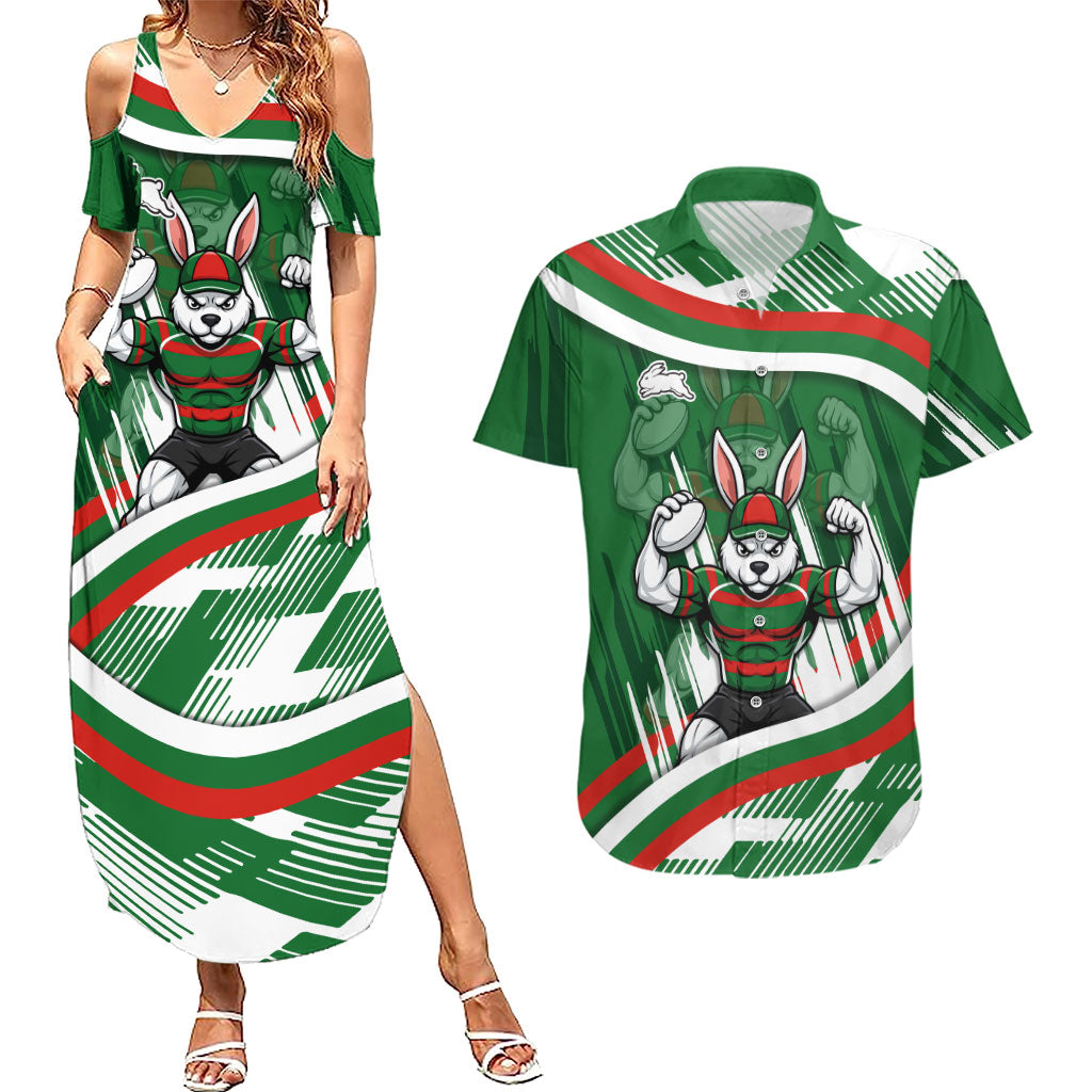 Rabbitohs Rugby Mascot Couples Matching Summer Maxi Dress and Hawaiian Shirt Fierce Athlete Graphic in Sports Style