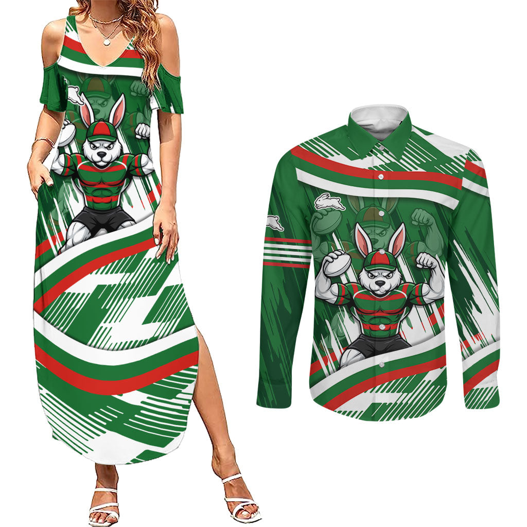 Rabbitohs Rugby Mascot Couples Matching Summer Maxi Dress and Long Sleeve Button Shirt Fierce Athlete Graphic in Sports Style