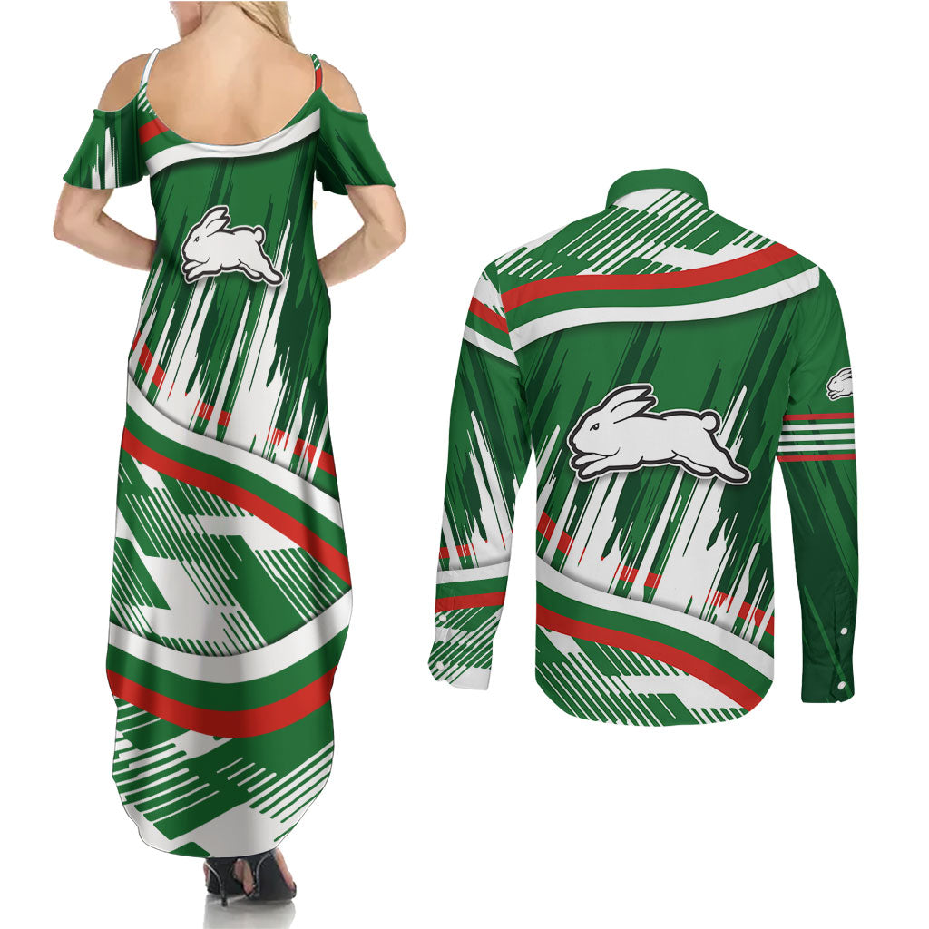 Rabbitohs Rugby Mascot Couples Matching Summer Maxi Dress and Long Sleeve Button Shirt Fierce Athlete Graphic in Sports Style