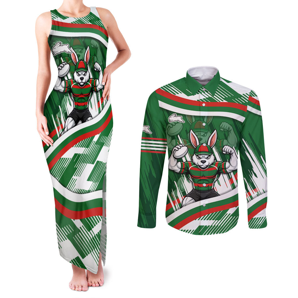 Rabbitohs Rugby Mascot Couples Matching Tank Maxi Dress and Long Sleeve Button Shirt Fierce Athlete Graphic in Sports Style