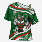 Rabbitohs Rugby Mascot Cross Shoulder Shirt Fierce Athlete Graphic in Sports Style