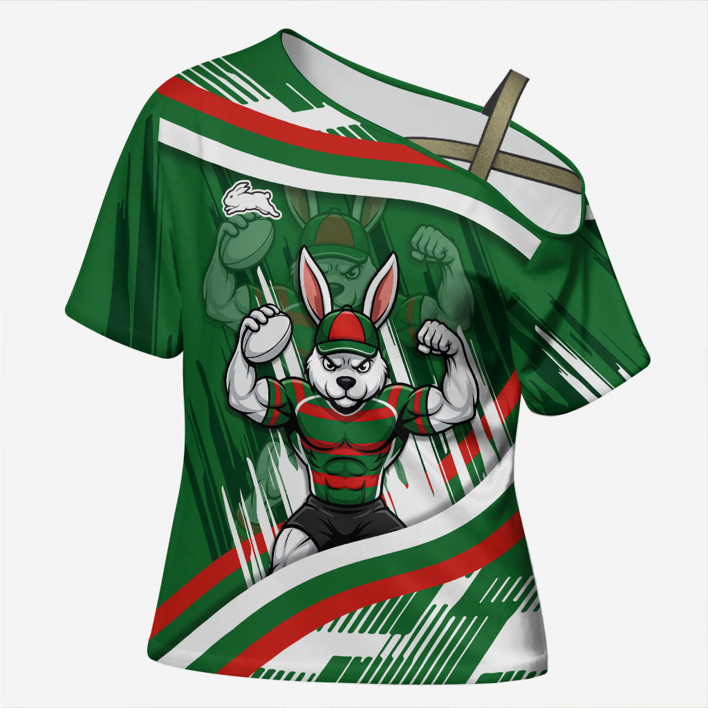 Rabbitohs Rugby Mascot Cross Shoulder Shirt Fierce Athlete Graphic in Sports Style