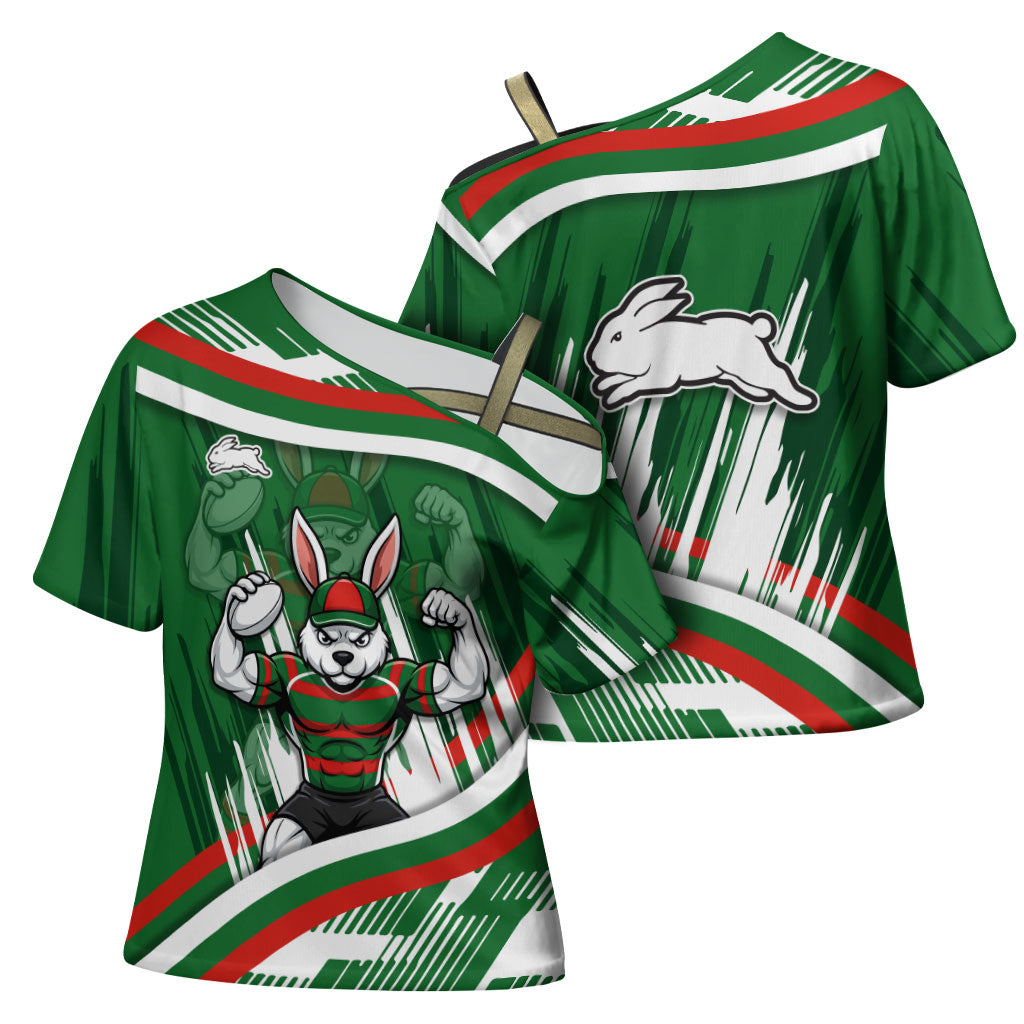 Rabbitohs Rugby Mascot Cross Shoulder Shirt Fierce Athlete Graphic in Sports Style