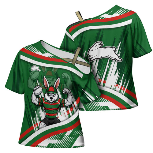 Rabbitohs Rugby Mascot Cross Shoulder Shirt Fierce Athlete Graphic in Sports Style