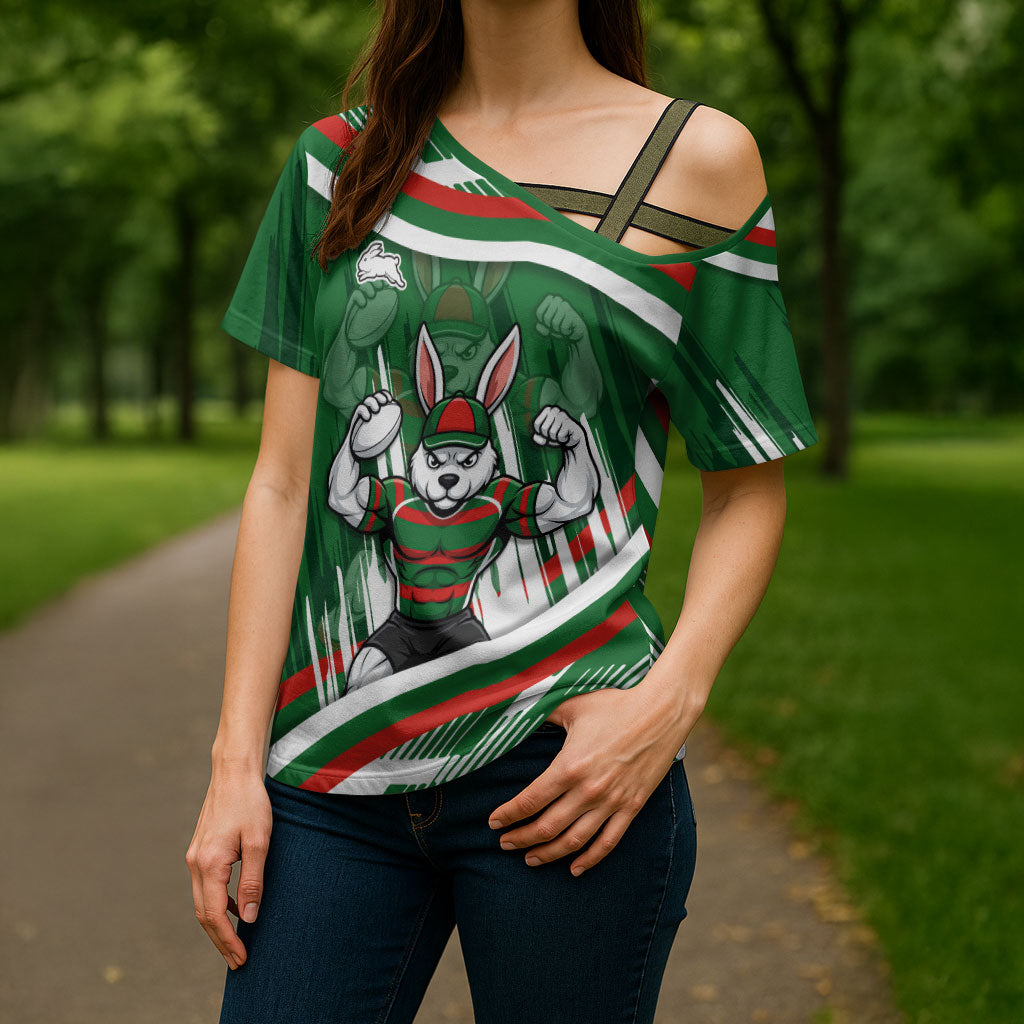 Rabbitohs Rugby Mascot Cross Shoulder Shirt Fierce Athlete Graphic in Sports Style