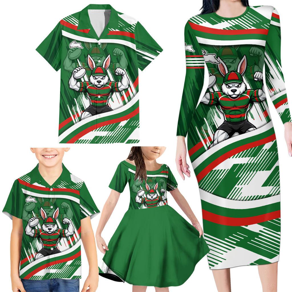 Rabbitohs Rugby Mascot Family Matching Long Sleeve Bodycon Dress and Hawaiian Shirt Fierce Athlete Graphic in Sports Style