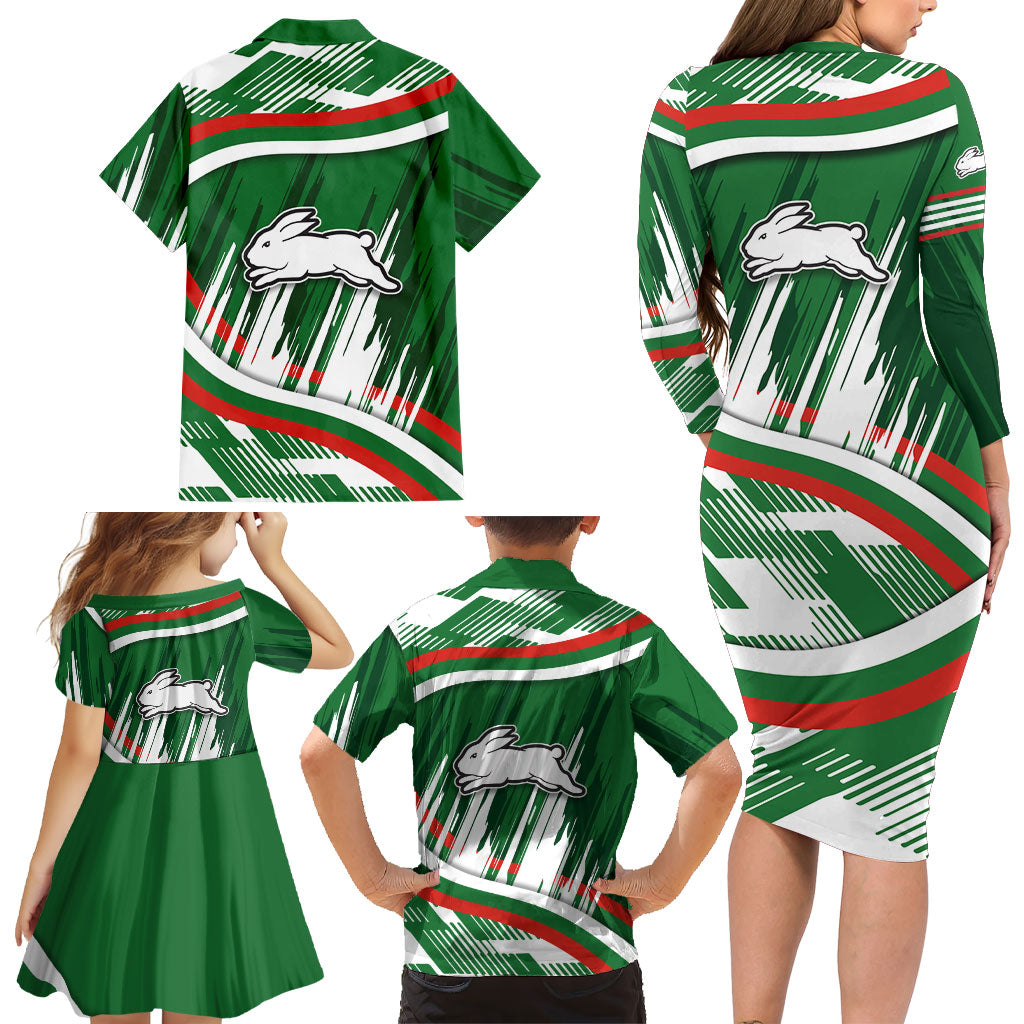 Rabbitohs Rugby Mascot Family Matching Long Sleeve Bodycon Dress and Hawaiian Shirt Fierce Athlete Graphic in Sports Style