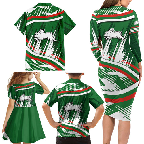 Rabbitohs Rugby Mascot Family Matching Long Sleeve Bodycon Dress and Hawaiian Shirt Fierce Athlete Graphic in Sports Style