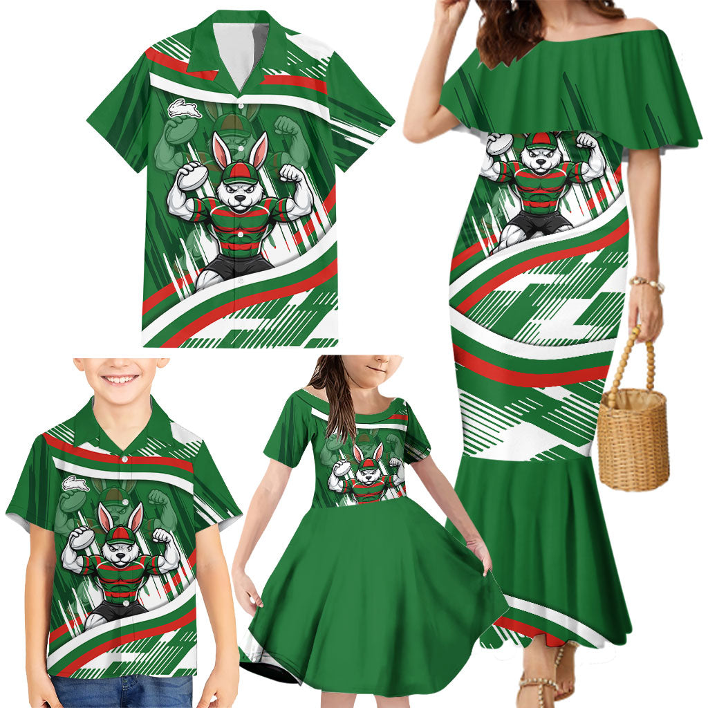 Rabbitohs Rugby Mascot Family Matching Mermaid Dress and Hawaiian Shirt Fierce Athlete Graphic in Sports Style