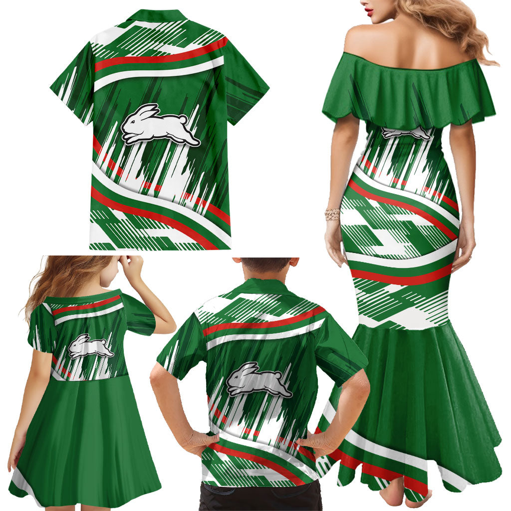 Rabbitohs Rugby Mascot Family Matching Mermaid Dress and Hawaiian Shirt Fierce Athlete Graphic in Sports Style