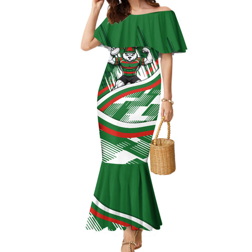 Rabbitohs Rugby Mascot Family Matching Mermaid Dress and Hawaiian Shirt Fierce Athlete Graphic in Sports Style