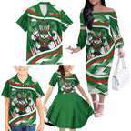 Rabbitohs Rugby Mascot Family Matching Off The Shoulder Long Sleeve Dress and Hawaiian Shirt Fierce Athlete Graphic in Sports Style