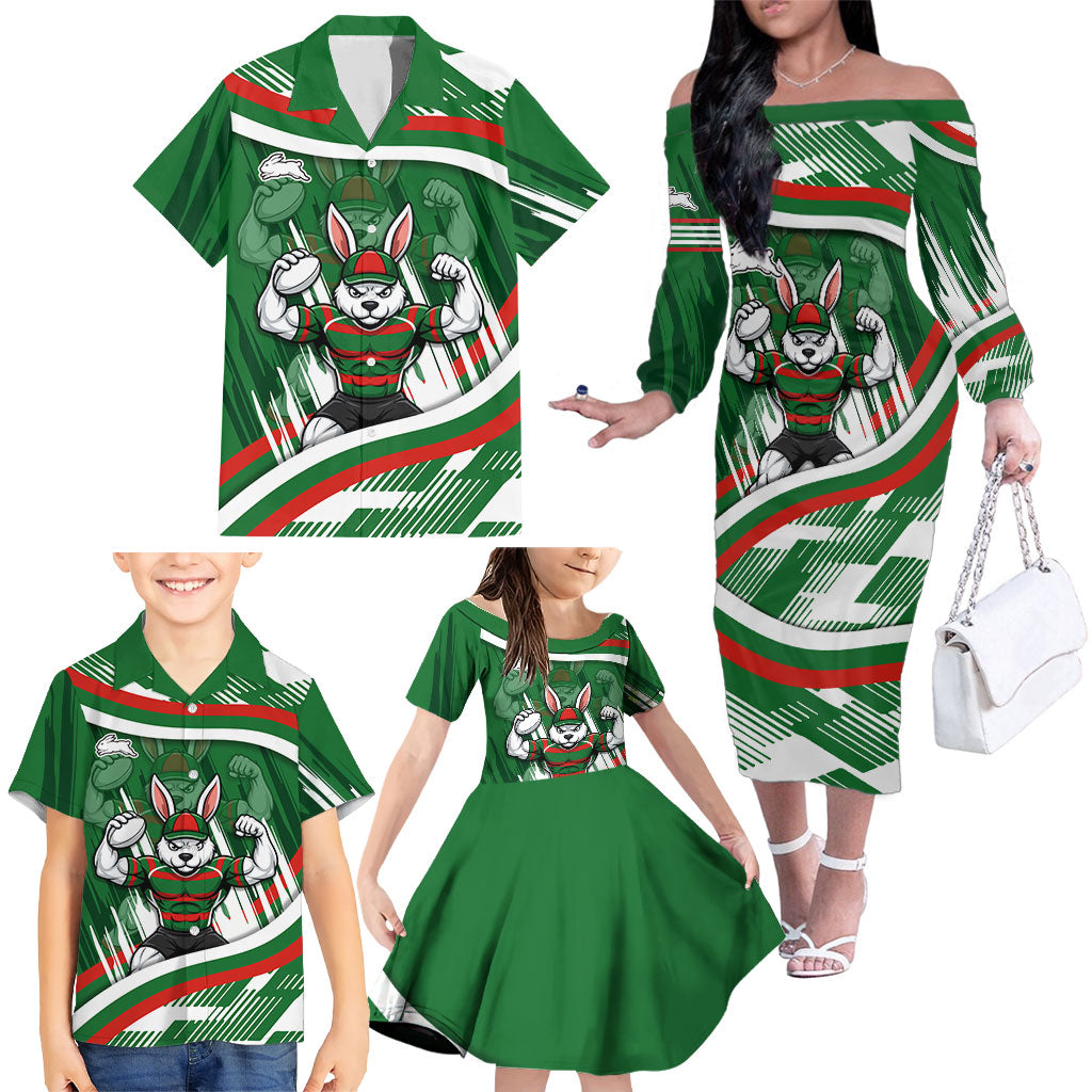 Rabbitohs Rugby Mascot Family Matching Off The Shoulder Long Sleeve Dress and Hawaiian Shirt Fierce Athlete Graphic in Sports Style