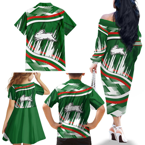 Rabbitohs Rugby Mascot Family Matching Off The Shoulder Long Sleeve Dress and Hawaiian Shirt Fierce Athlete Graphic in Sports Style