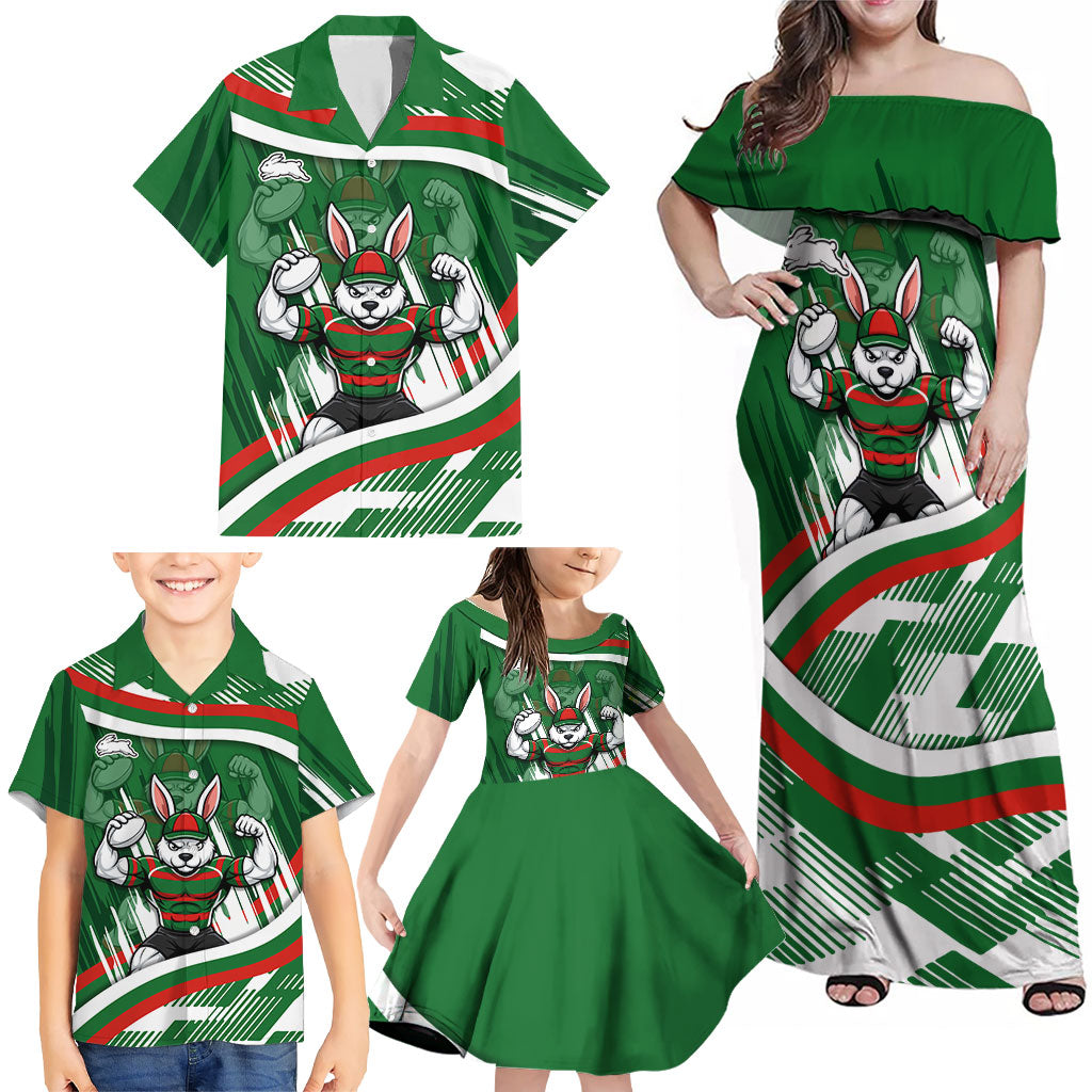 Rabbitohs Rugby Mascot Family Matching Off Shoulder Maxi Dress and Hawaiian Shirt Fierce Athlete Graphic in Sports Style