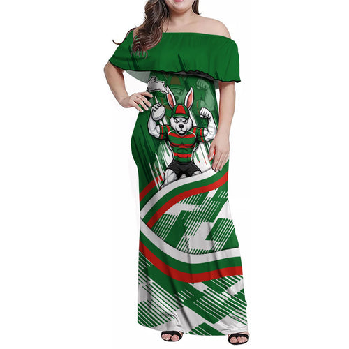 Rabbitohs Rugby Mascot Family Matching Off Shoulder Maxi Dress and Hawaiian Shirt Fierce Athlete Graphic in Sports Style