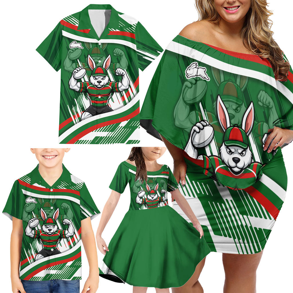Rabbitohs Rugby Mascot Family Matching Off Shoulder Short Dress and Hawaiian Shirt Fierce Athlete Graphic in Sports Style