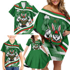 Rabbitohs Rugby Mascot Family Matching Off Shoulder Short Dress and Hawaiian Shirt Fierce Athlete Graphic in Sports Style