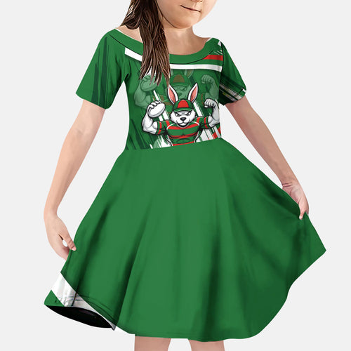 Rabbitohs Rugby Mascot Family Matching Off Shoulder Short Dress and Hawaiian Shirt Fierce Athlete Graphic in Sports Style
