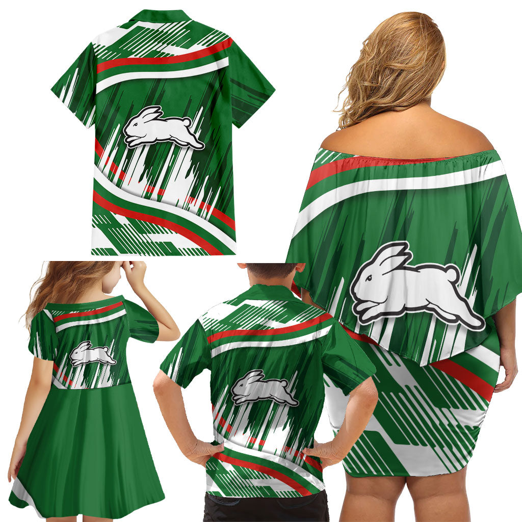 Rabbitohs Rugby Mascot Family Matching Off Shoulder Short Dress and Hawaiian Shirt Fierce Athlete Graphic in Sports Style