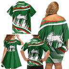 Rabbitohs Rugby Mascot Family Matching Off Shoulder Short Dress and Hawaiian Shirt Fierce Athlete Graphic in Sports Style