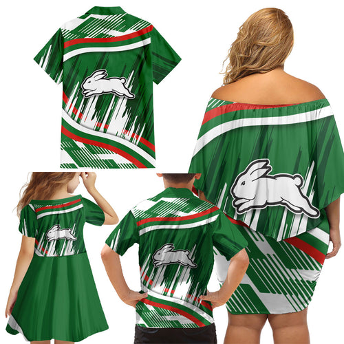 Rabbitohs Rugby Mascot Family Matching Off Shoulder Short Dress and Hawaiian Shirt Fierce Athlete Graphic in Sports Style