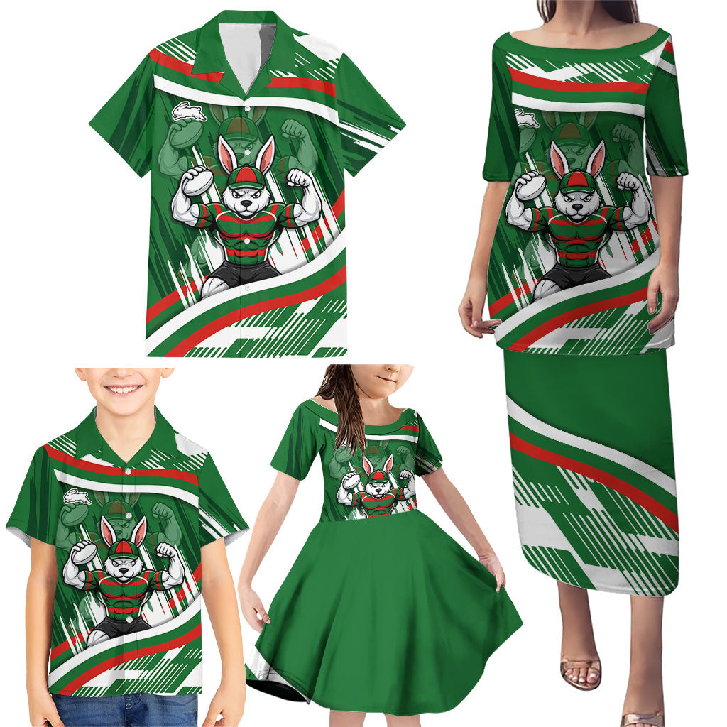 Rabbitohs Rugby Mascot Family Matching Puletasi and Hawaiian Shirt Fierce Athlete Graphic in Sports Style