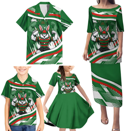 Rabbitohs Rugby Mascot Family Matching Puletasi and Hawaiian Shirt Fierce Athlete Graphic in Sports Style
