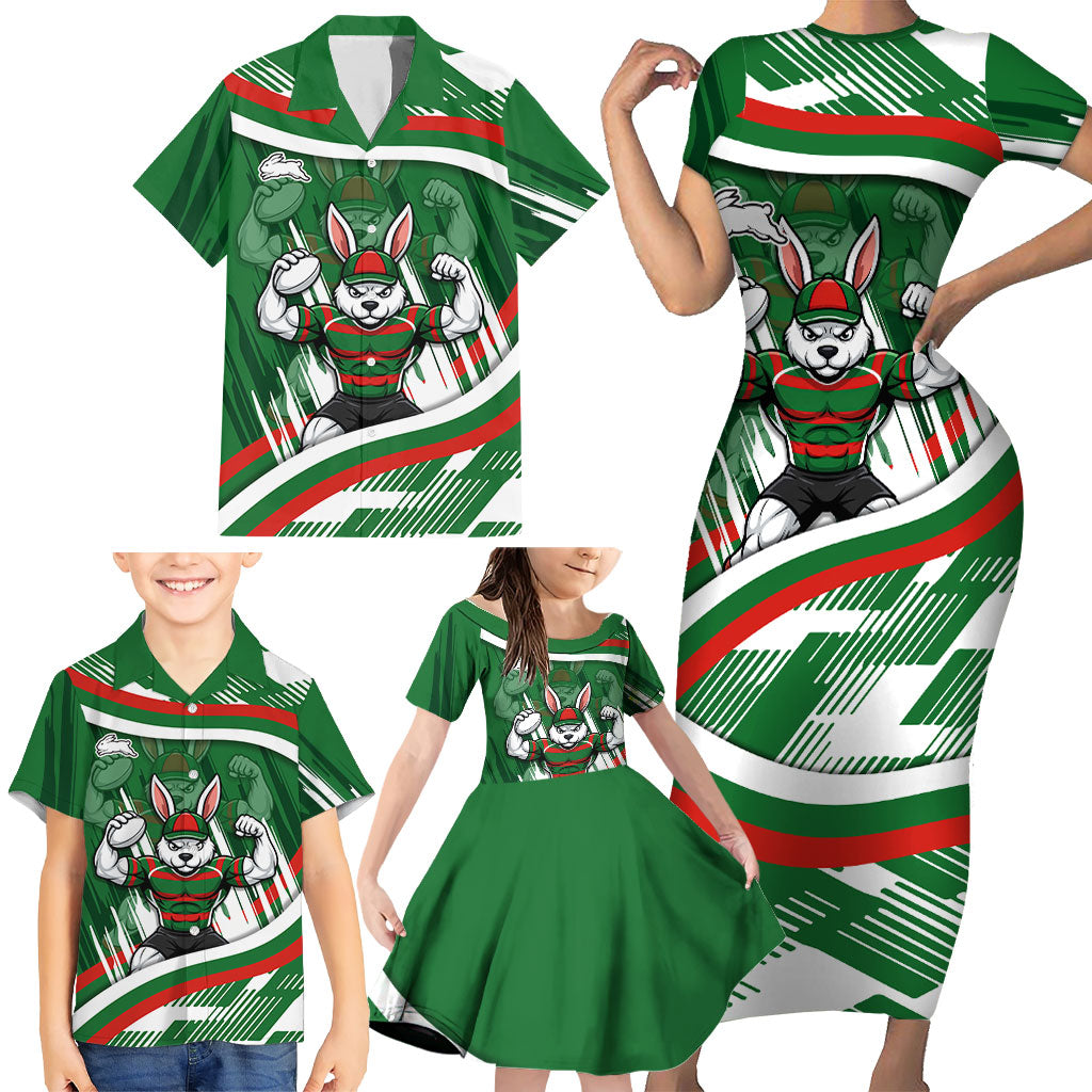 Rabbitohs Rugby Mascot Family Matching Short Sleeve Bodycon Dress and Hawaiian Shirt Fierce Athlete Graphic in Sports Style